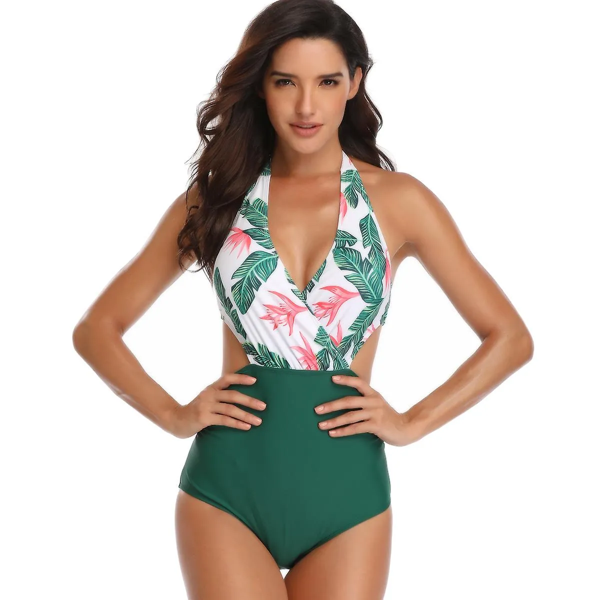 Solid Color One-Piece Swimsuit Women's Fashion Printed Bikini Swimsuit Blue Flower L