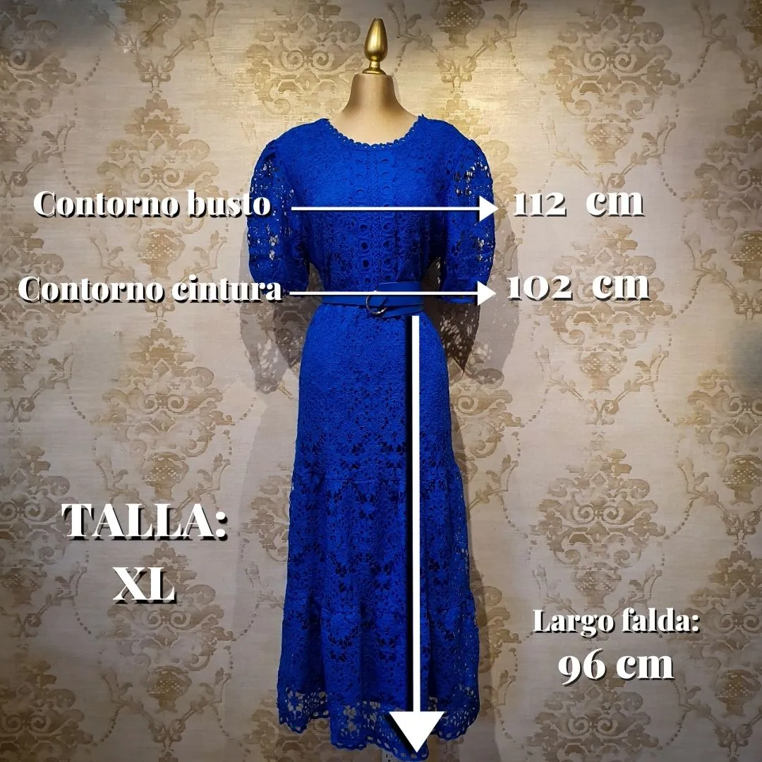 Vestido Azul Rey Corto Midi Encaje con Manga