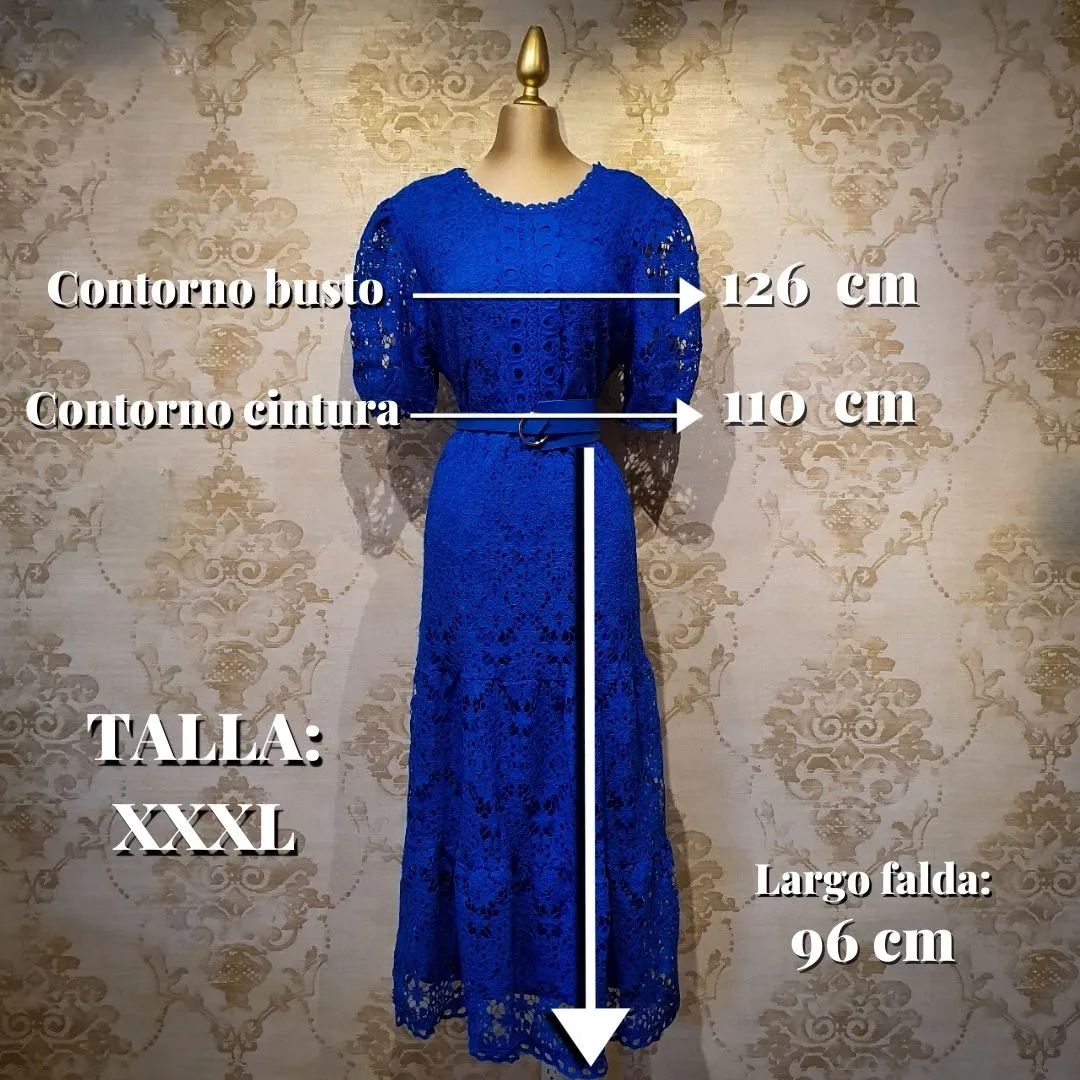 Vestido Azul Rey Corto Midi Encaje con Manga