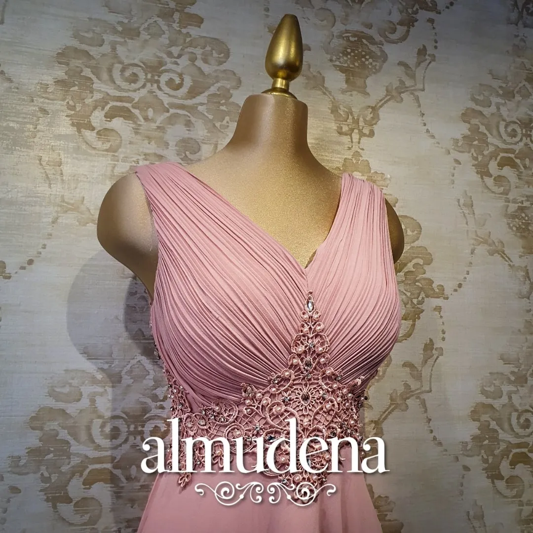 Vestido Rosa Palo Largo Tirante Ancho Gasa con Encaje