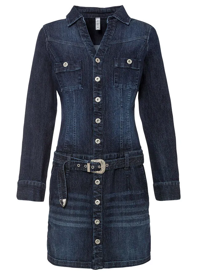 Vestido vaquero con cinturón Azul denim almirante sin lavado