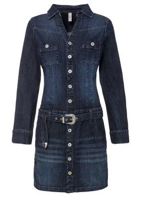 Vestido vaquero con cinturón Azul denim almirante sin lavado