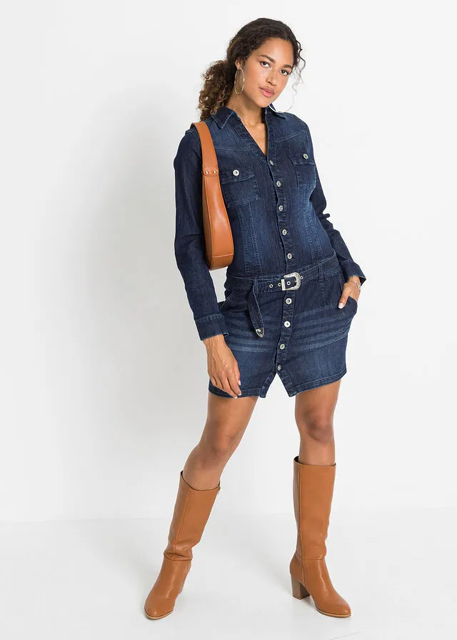 Vestido vaquero con cinturón Azul denim almirante sin lavado